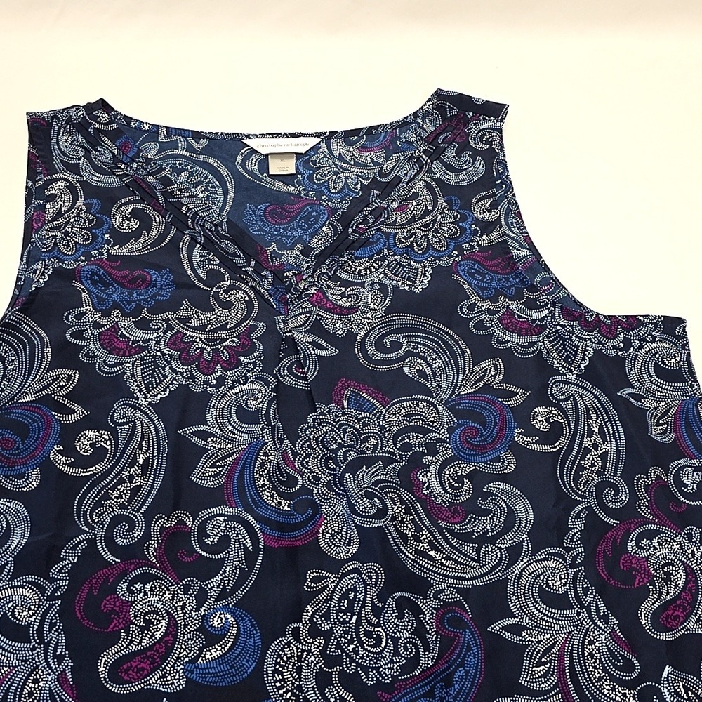 Christopher & Banks‎ Tank Top Women XL Navy Blue Paisley Sleeveless V-Neck